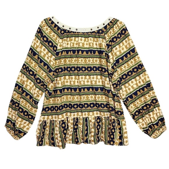 Entro Boho Peasant Top‎ Blouse Small Tan Cream Blue Long Sleeve Peplum Trim - Picture 2 of 9